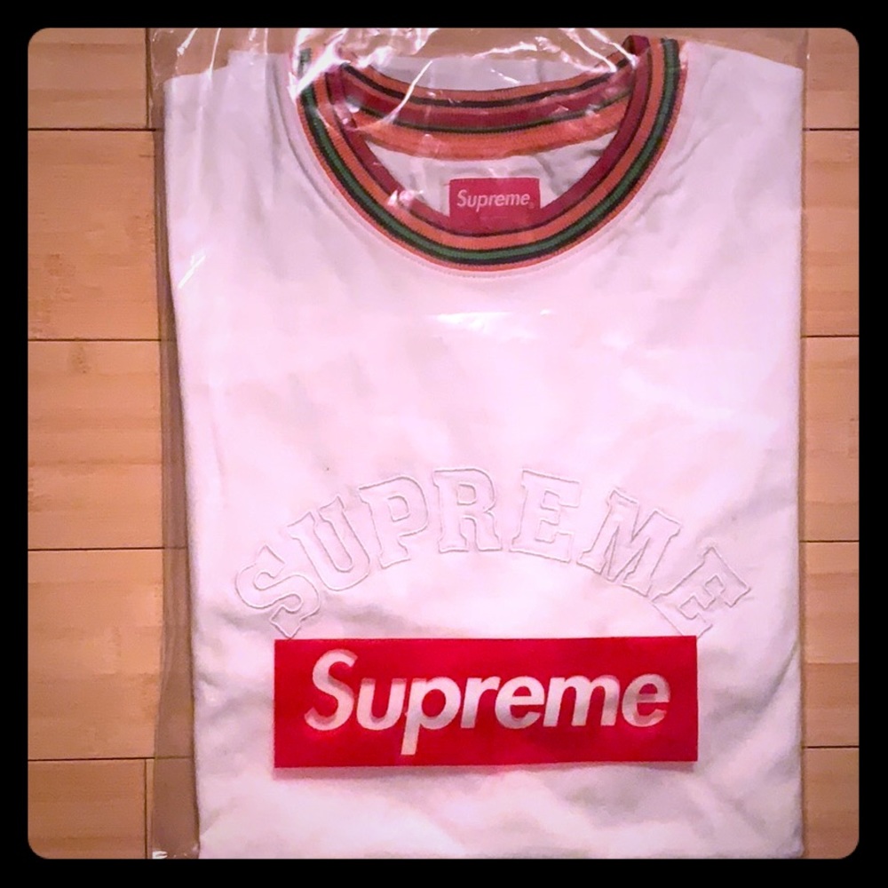 Supreme Stripe Rib Collar L/S Arch Logo Tee White